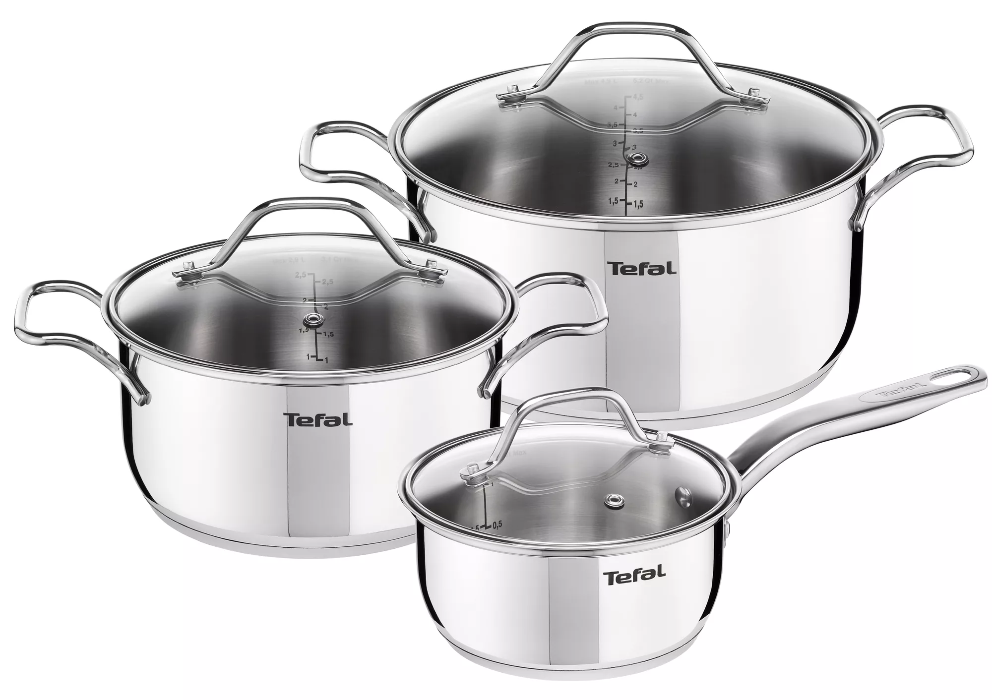 TEFAL Intuition 6 pc set | saucepan 16 cm+lid , stewpots 20/24 cm+lids | Premium Stainless Steel 18/10 | Measuring marks | Glass lid | Induction | Stewing | Boiling | 2 Years Warranty | B864S674