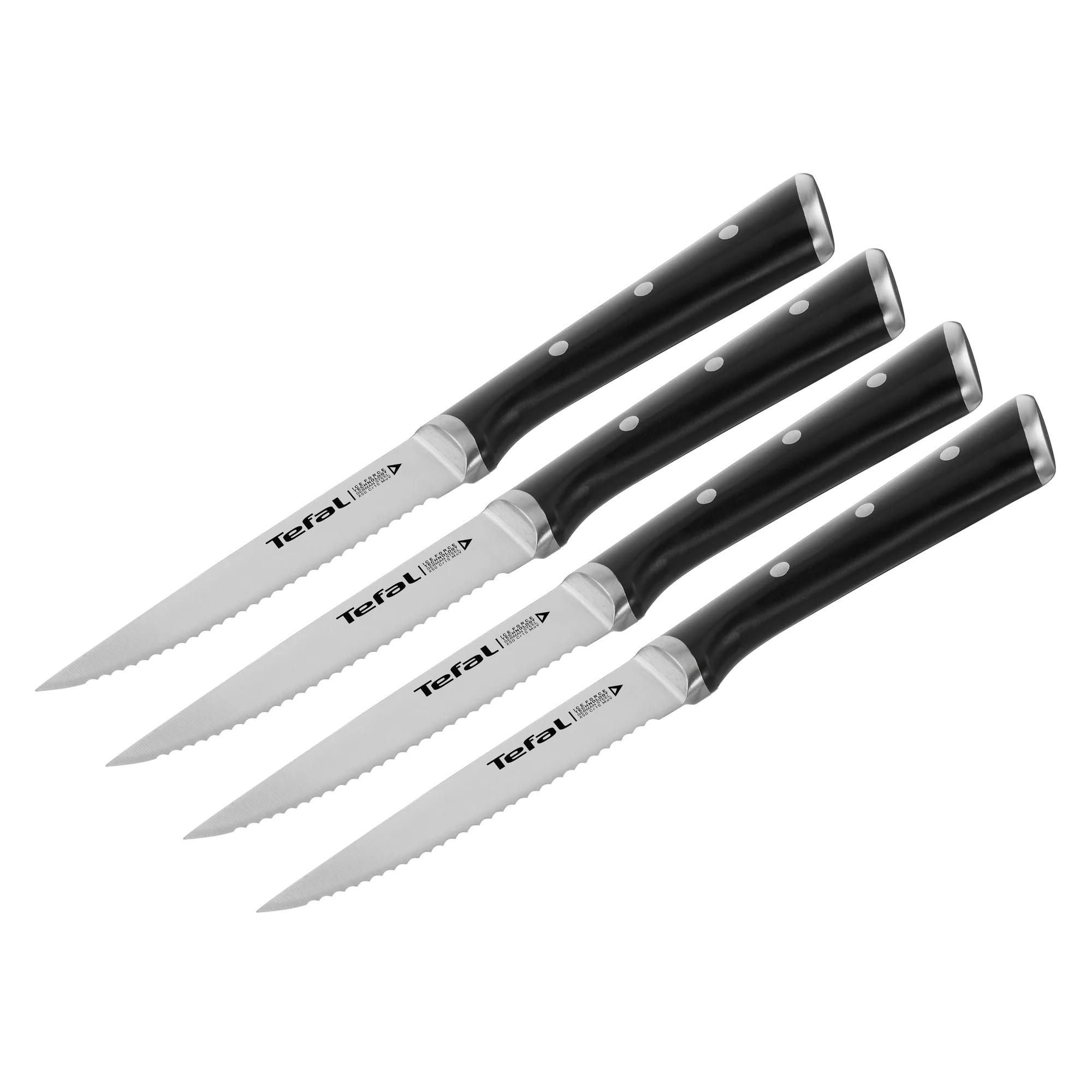 TEFAL Ice Force Set of 4 Steak Knives | 11 cm | Kitchen Knife | German Stainless Steel Blade | Long-Lasting Cutting Performance and Sharpness | Dishwasher safe | Black | 2 Years Warranty | K232S414